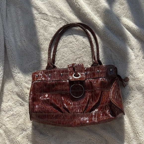 Brown Faux Croc Embossed Satchel Handbag Tote | Structured Shoulder Bag Purse - Picture 1 of 6